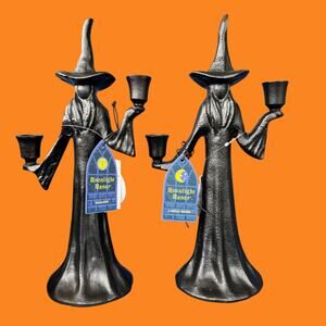 Moonlight Manor Witch Candle Holder Pair Black Metal Halloween Gothic Taper NWT